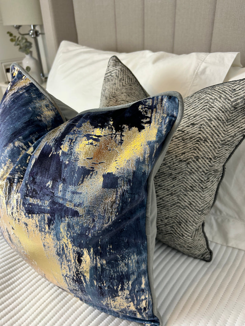 Idyllic abstract navy blue and gold grey luxury cushion