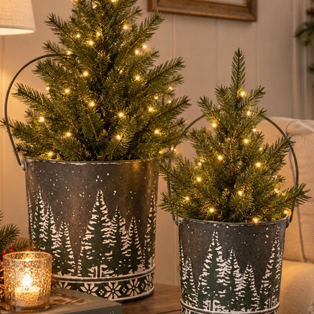Metal Bucket with Christmas Tree Detail, 2 Sizes