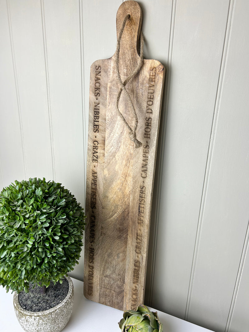 Mango wood etched canopy grazing board large 70x18