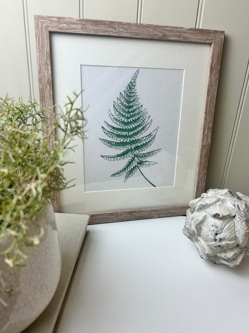 Fern botanical natural green white cream washed wood frame mounted art picture 3 styles