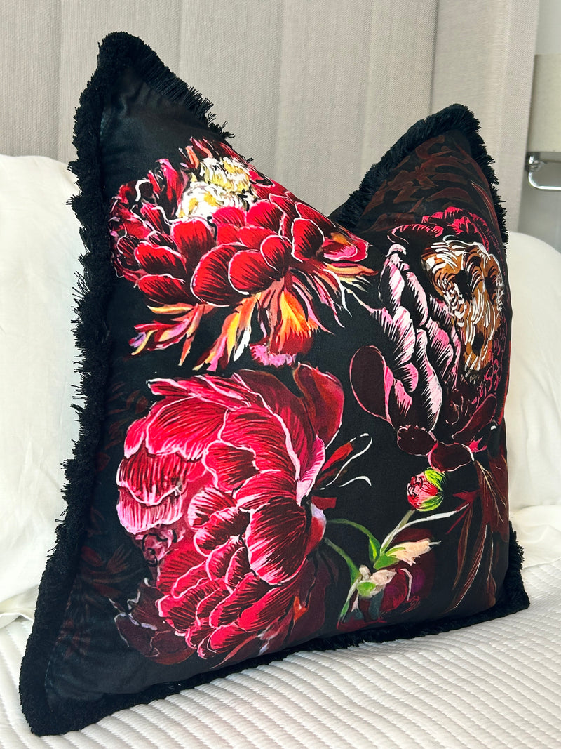 Black Red Pink Velvet Fringed luxury feather filled Cushion