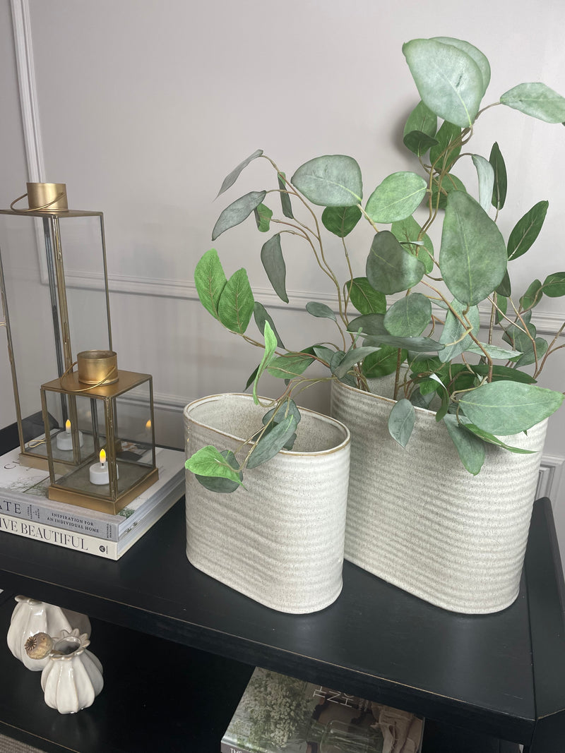 Oval ribbed slim neutral taupe vase