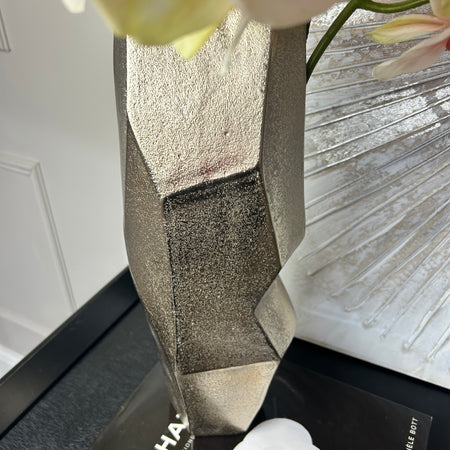 Large textured champagne silver metal shaped vase 40cm