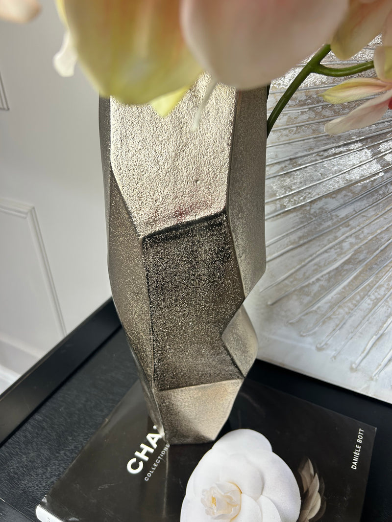 Large textured champagne silver metal shaped vase 40cm