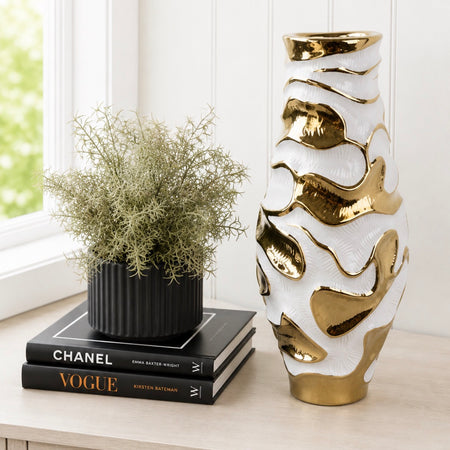 Gold and white ceramic textured ripple tall vase 36cm