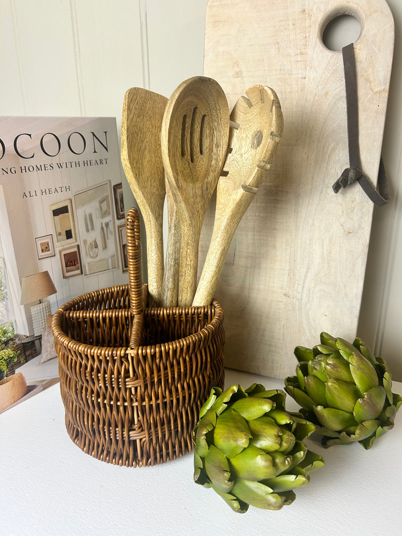 Dark wicker woven utensils holder