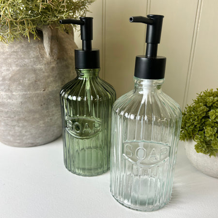 Glass Ribbed Soap Dispenser With Black Pump embossed green and clear