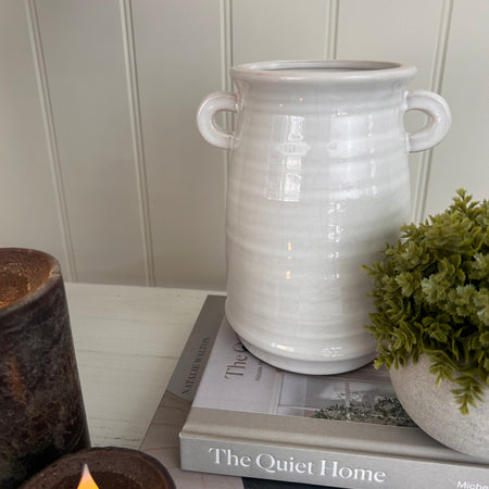 White Ribbed Crackle Effect Vase With Handles 18cm