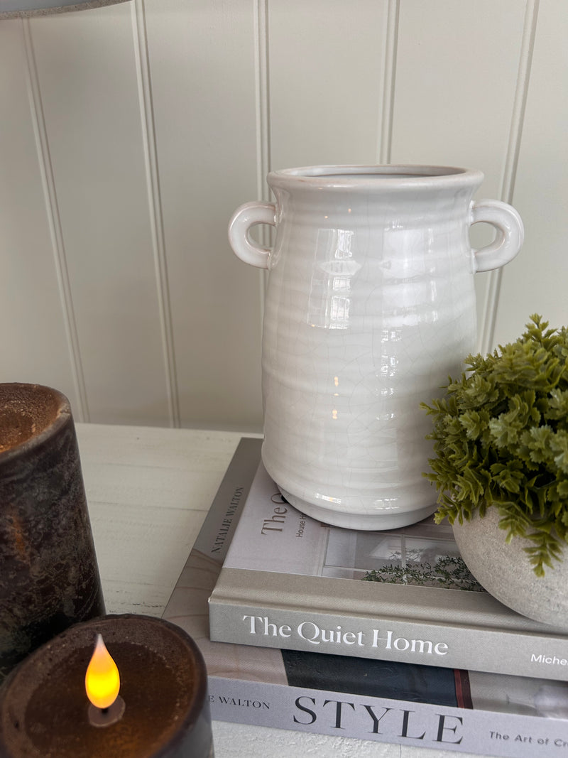 White Ribbed Crackle Effect Vase With Handles 18cm – Abode