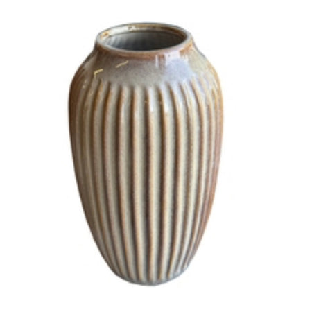 Ribbed brown beige tall vase 30cm by 18cm