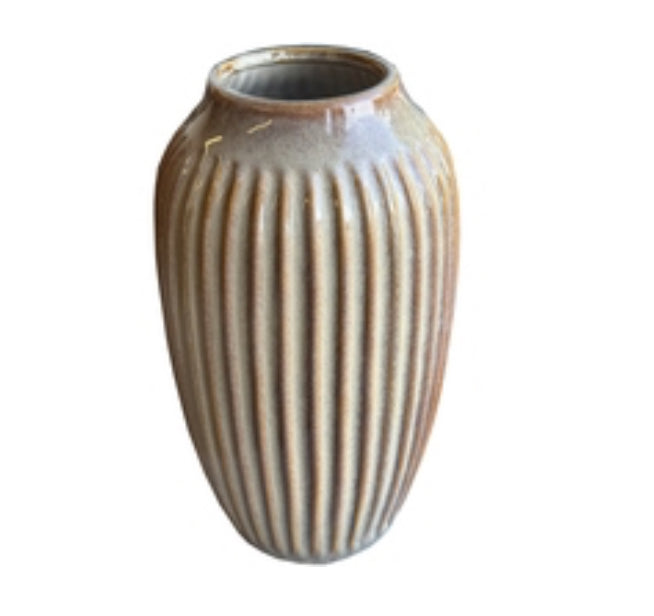 Ribbed brown beige tall vase 30cm by 18cm