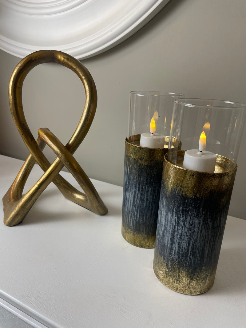 Pair of Distressed Gold & Blue Tall Candle Holder