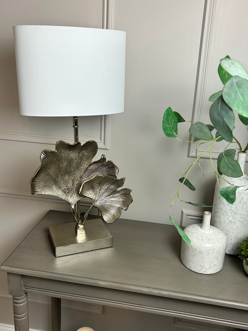 Gingko champagne leaf petal metal lamp with white oval shade