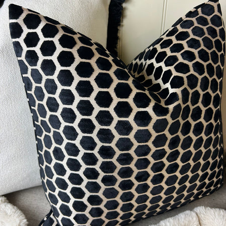 Black Natural printed textured Jorvik hex luxury cushion 43cm
