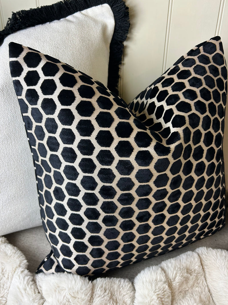 Black Natural printed textured Jorvik hex luxury cushion 43cm