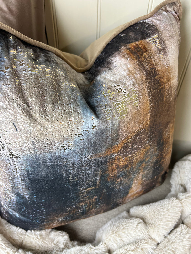 Paul Moneypenny Bronze brown navy Abstract Too Good Velvet Cushion 45cm