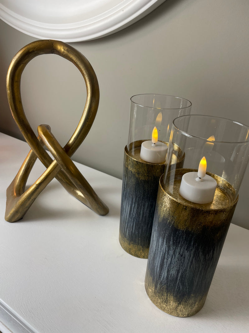 Pair of Distressed Gold & Blue Tall Candle Holder