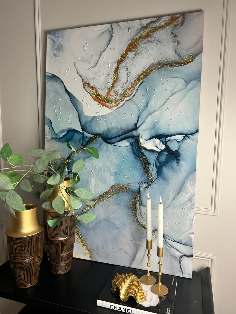 Blue gold abstract embellished canvas wall art picture 120x80