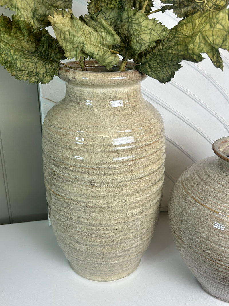 Large Tall fluted vase with ribbed bedside table texture detail brown beige 39cm by 22cm