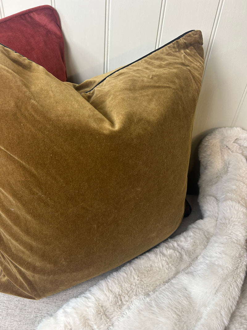 Tobacco dark ochre Velvet Cushion dark trim 40cm Feather Filled
