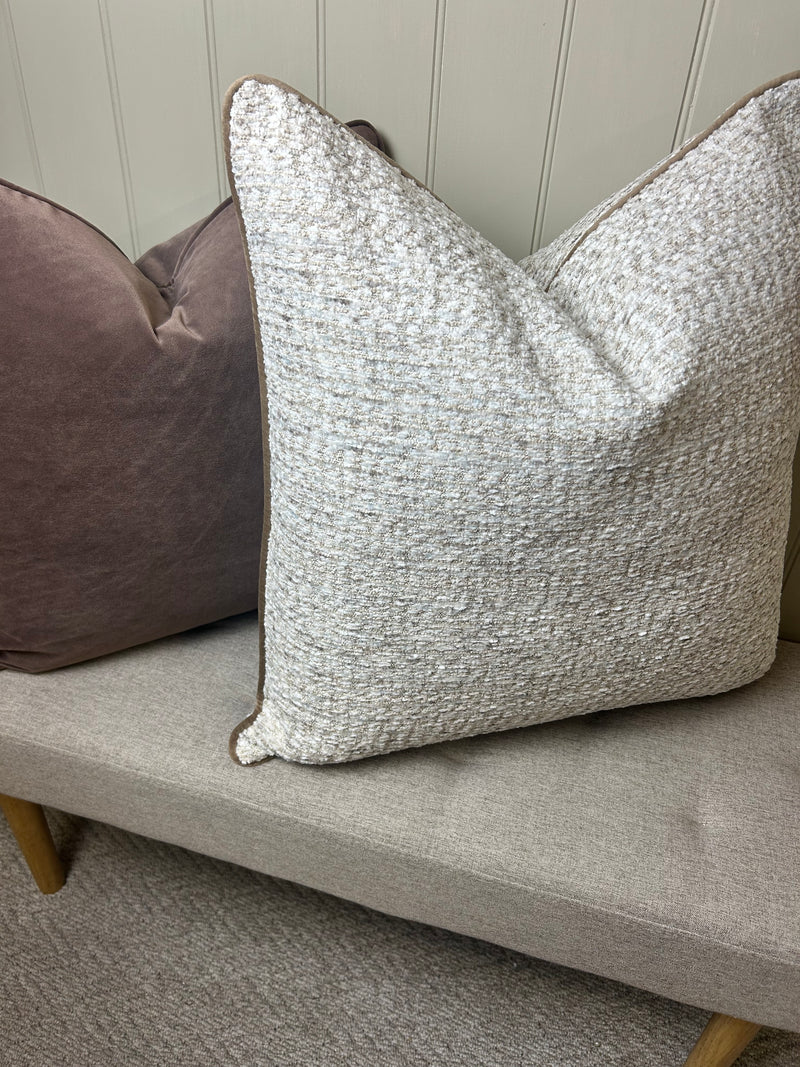 Textured slub large stab print neutral brown trim cushion 58cm