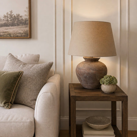 Siena brown rustic chunky lamp with linen shade