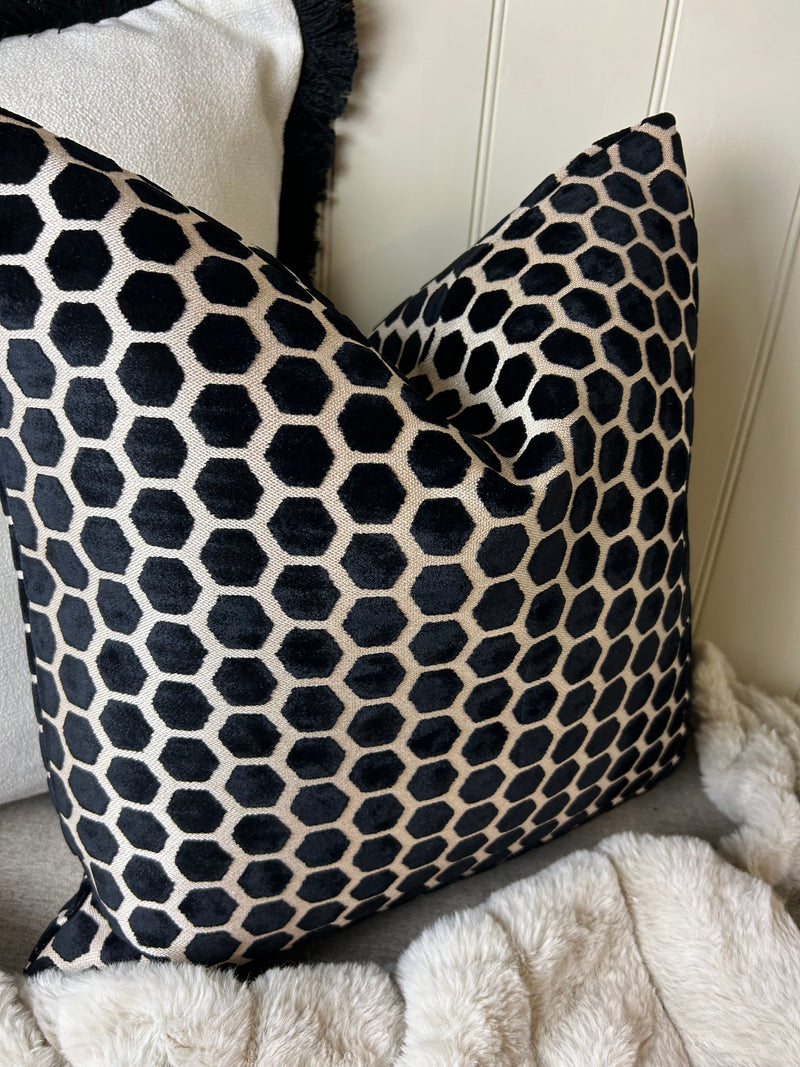 Black Natural printed textured Jorvik hex luxury cushion 43cm