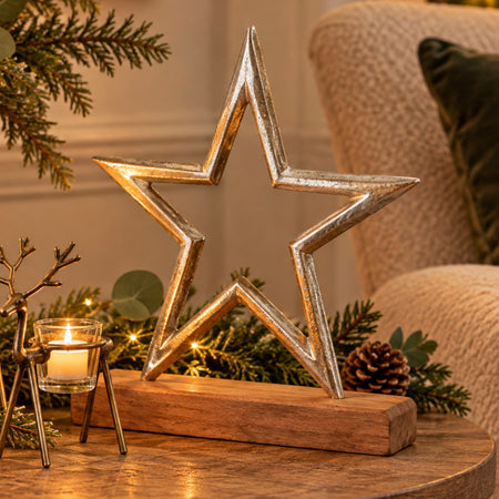 Wooden outline star on wood base 2 sizes