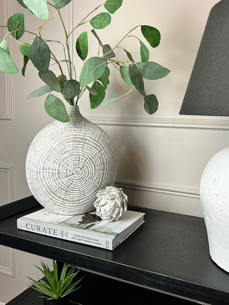 Brown and white textured wood look round vase