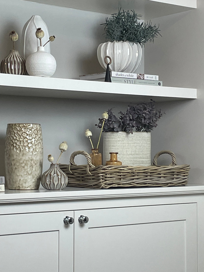 Oval ribbed slim neutral taupe vase