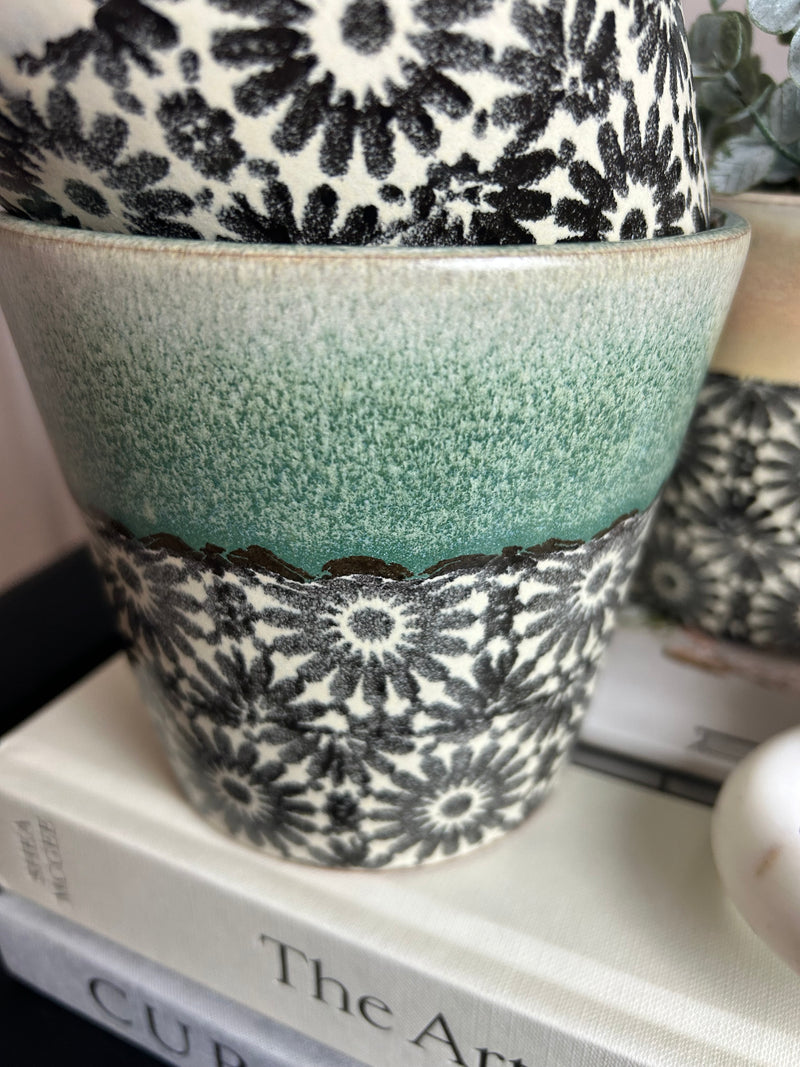 Circles Floral Pattern Terracotta Plant Pots 3 colours styles