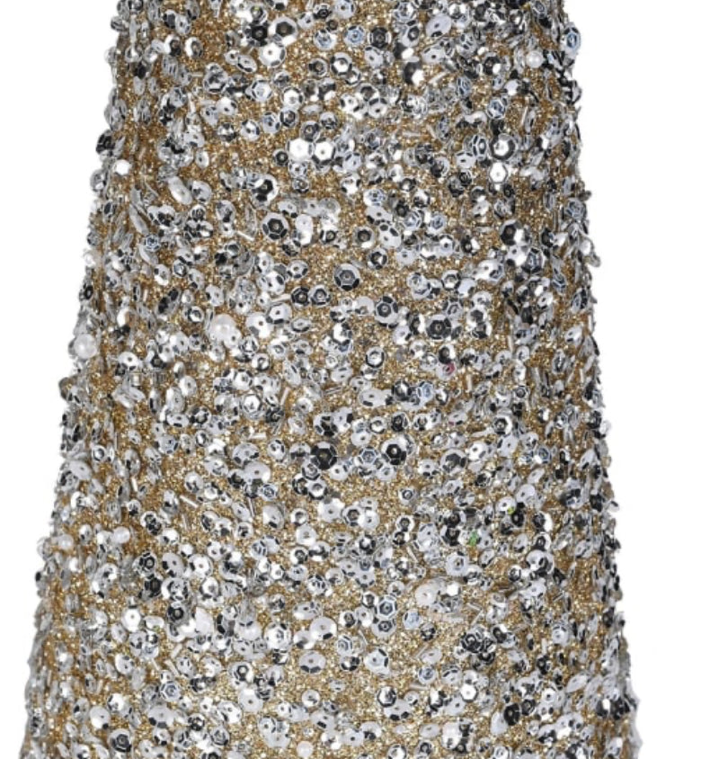 Set of two tall sequin gold cone trees