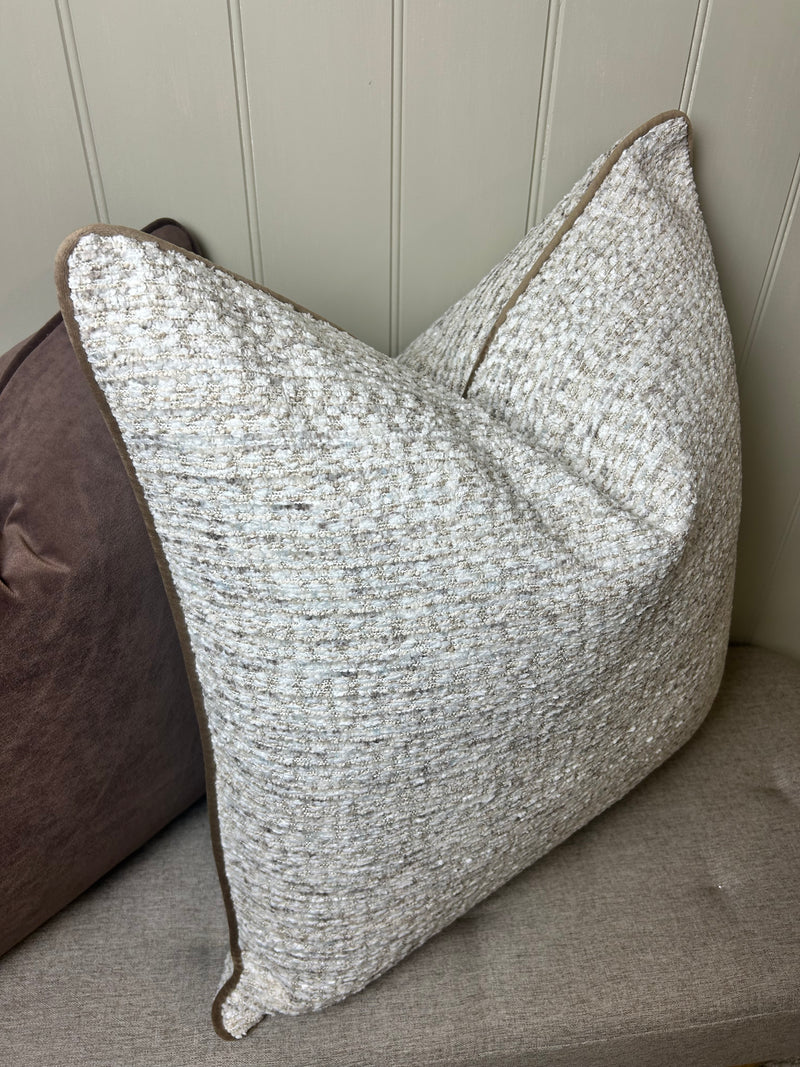 Textured slub large stab print neutral brown trim cushion 58cm