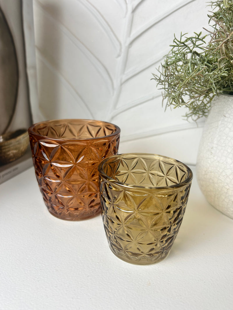 Brown textured candle holder 2 sizes mixed