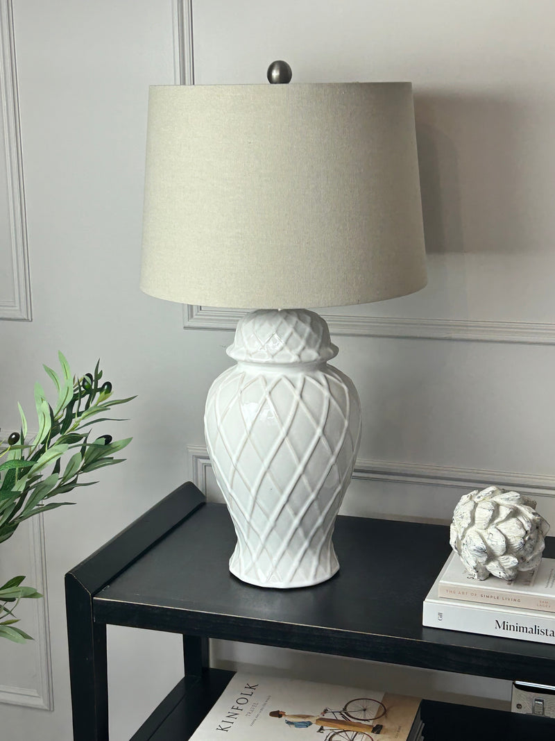 Ceramic base lattice grid lamp with linen shade