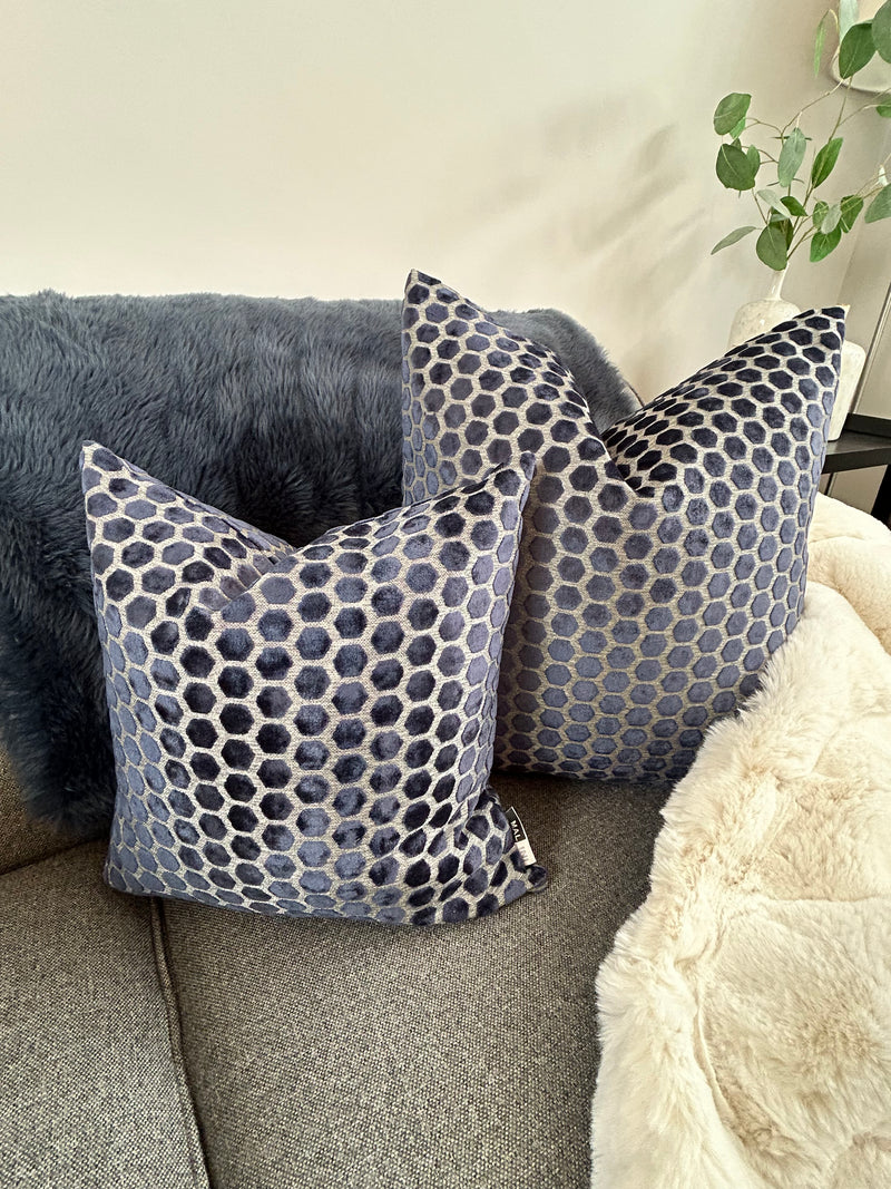 Navy Blue Jorvik Hexagon Velvet Cushion Two Sizes