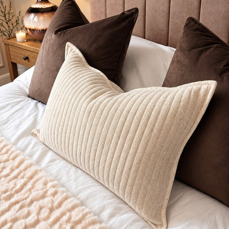 Linen mix natural looma quilted stripe ribbed oblong bolster cushion 40x60
