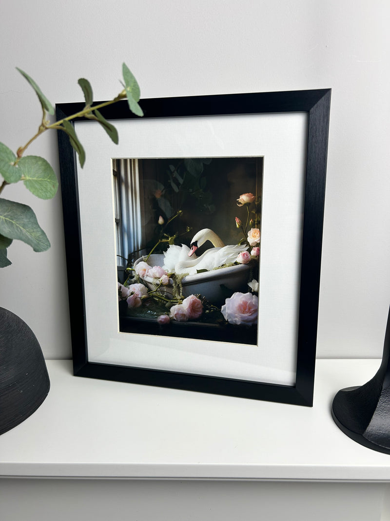 Bathroom joy swan framed print 30x34cm
