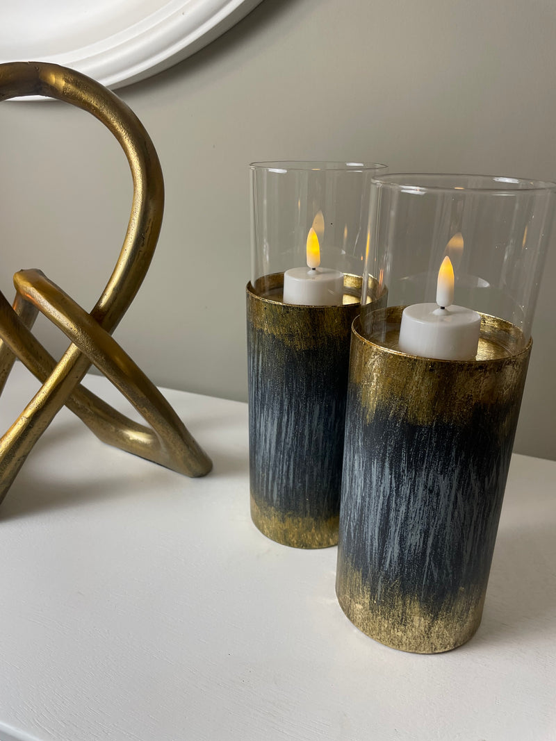 Pair of Distressed Gold & Blue Tall Candle Holder