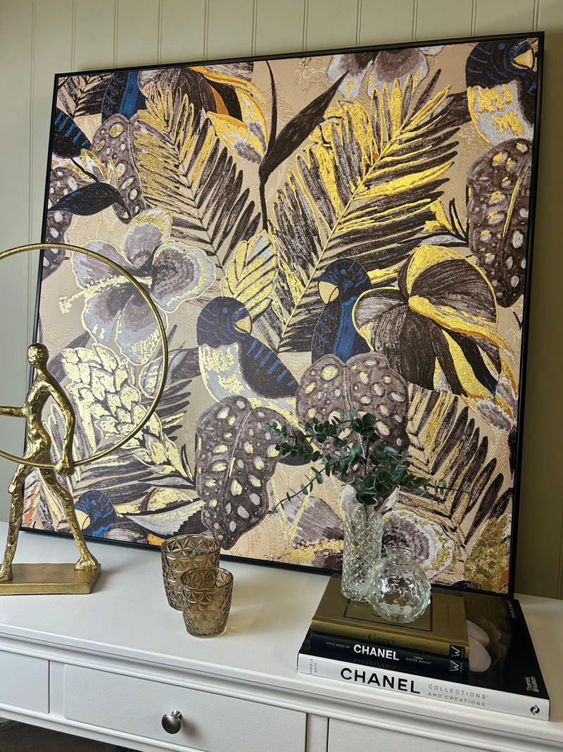 Framed Blue Grey Black bird tropical Nature Canvas picture art