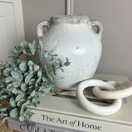 Off White Crackle Finished Squat Double Handled stone urn Vase