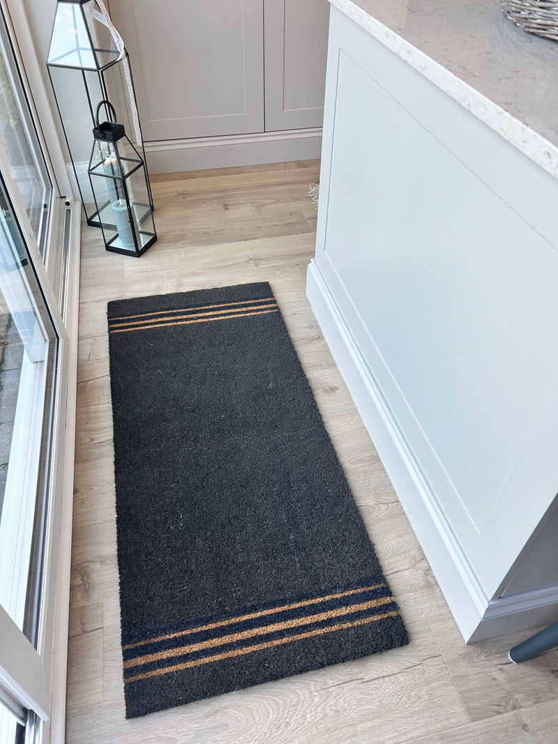 Extra large charcoal triple stripe coir doormat mat rug 125x55cm