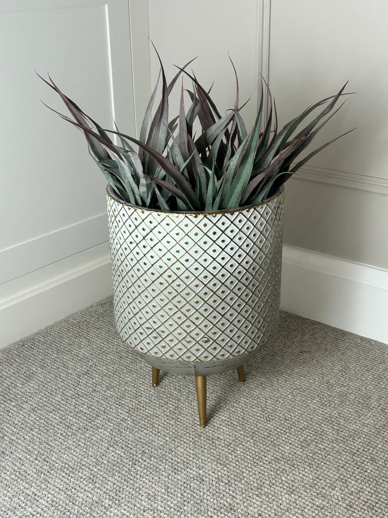 White and gold textured metal floor planter 2 sizes