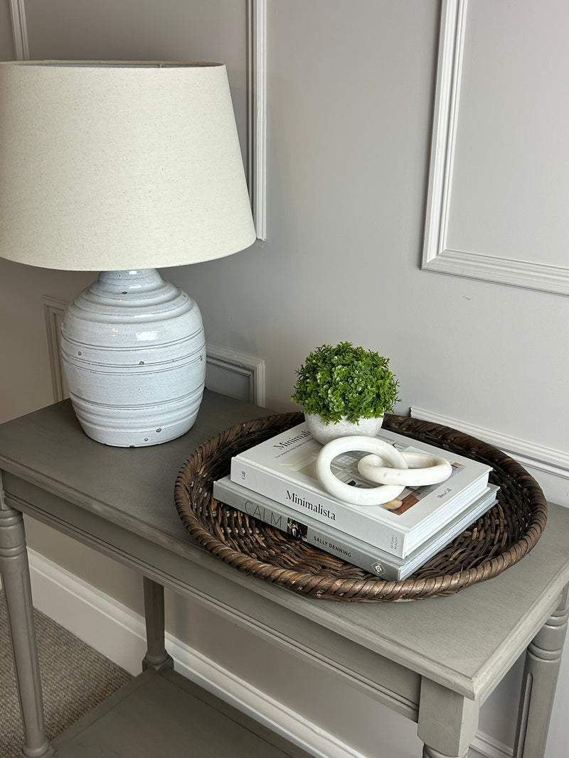 Thalia stone distressed lamp with linen shade