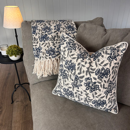 Blue navy natural beige cream floral print cushion 45cm and throw 130x150