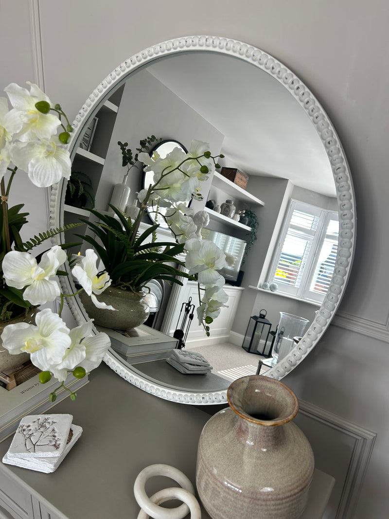 Washed wood round beaded frame mirror 76cm