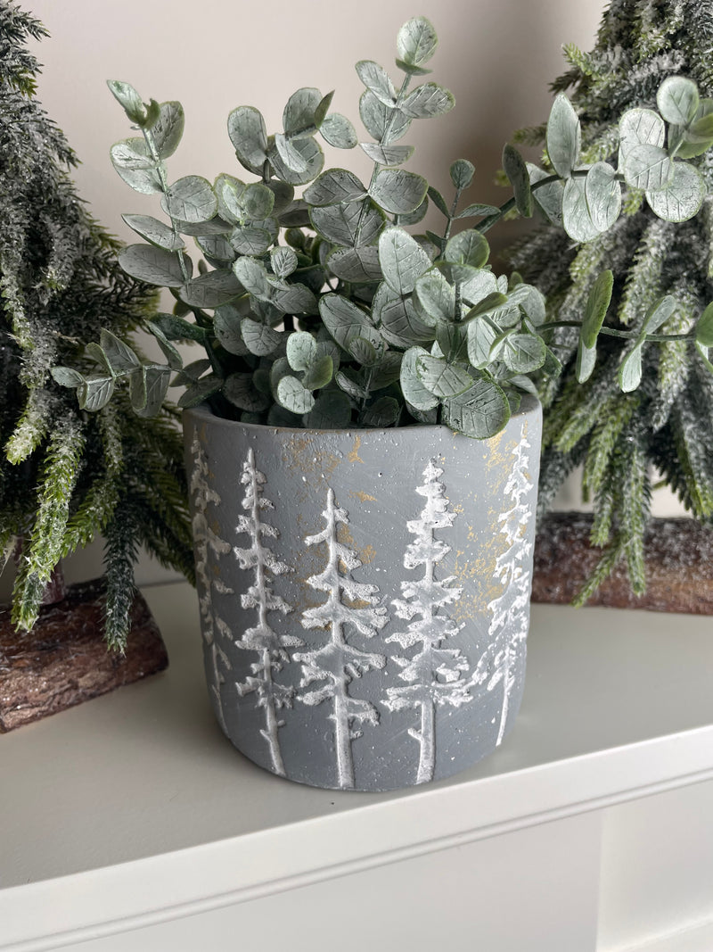 Medium Grey & White Tree Design Plant Pot