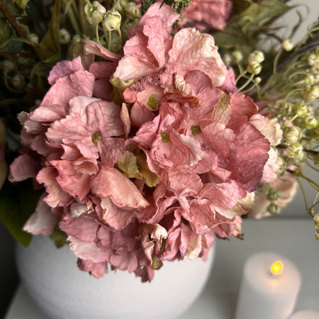 Dusty pink ruffled real feel hydrangea stem 52cm