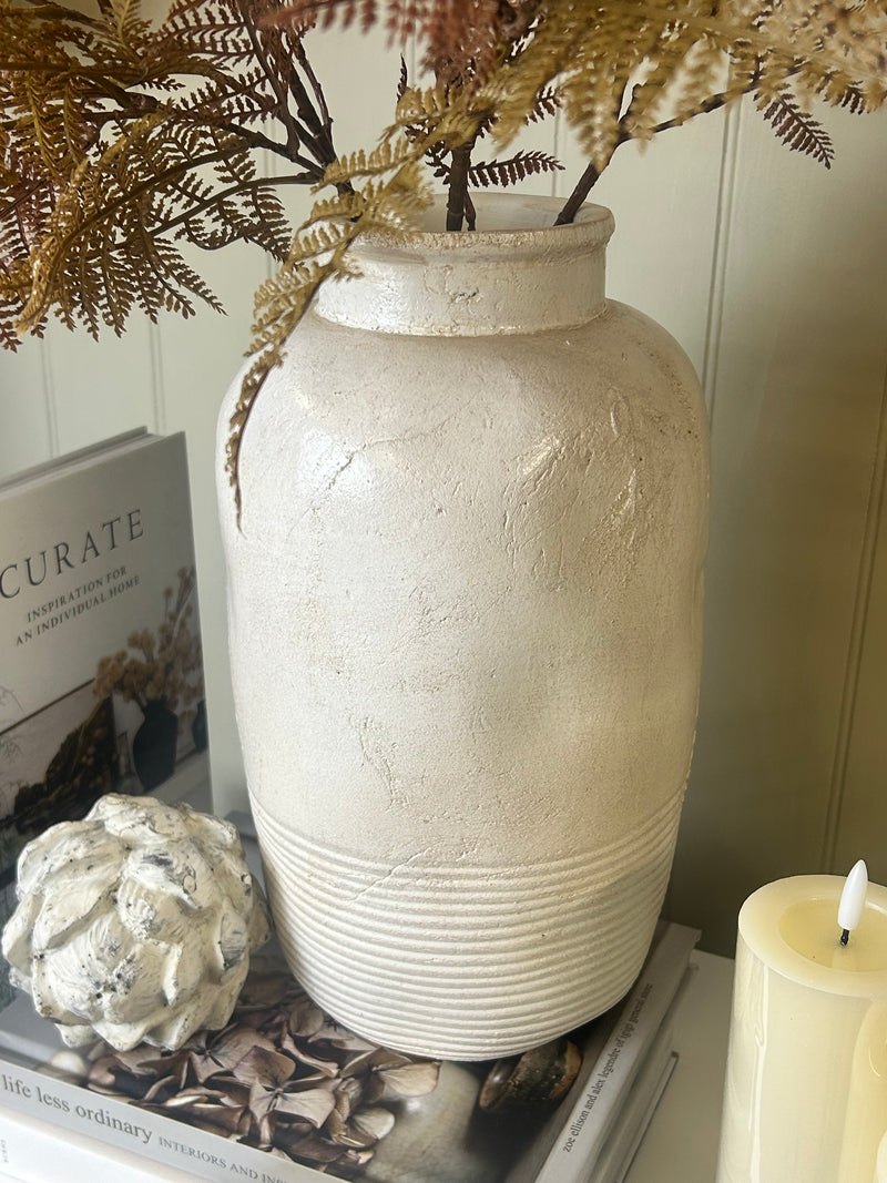Off White beige ribbed detail textured vase rustic 37cm