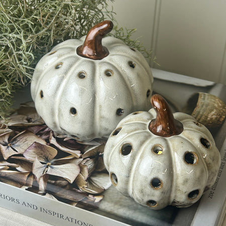 Ceramic rustic two tone autumn Halloween pumpkin LED lit 2 sizes